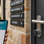 Hand holding a smartphone near a brick wall with directional signs pointing to council room, technical services, association room, and changing rooms outside a town hall (Mairie).